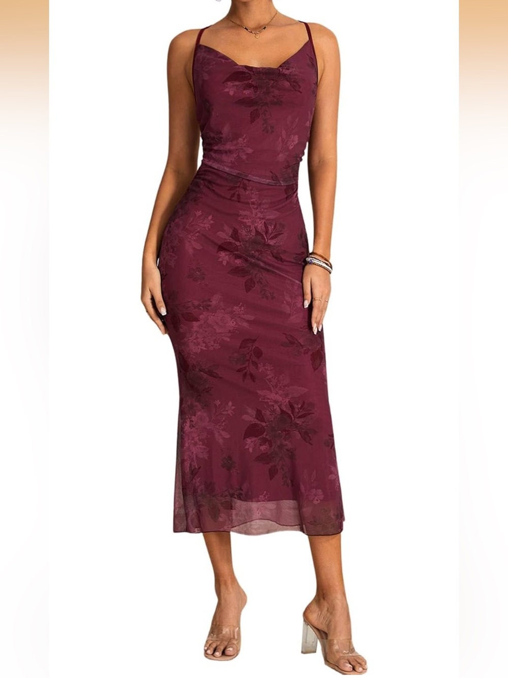 Elegant Burgundy Floral Slip Midi Dress